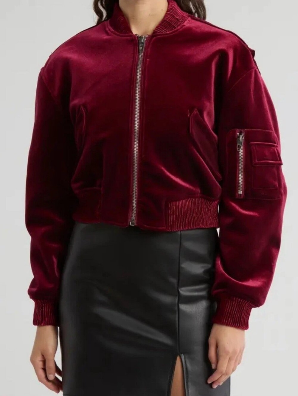 BLANKNYC Velvet Bomber Jacket - Wine Red Size Medium